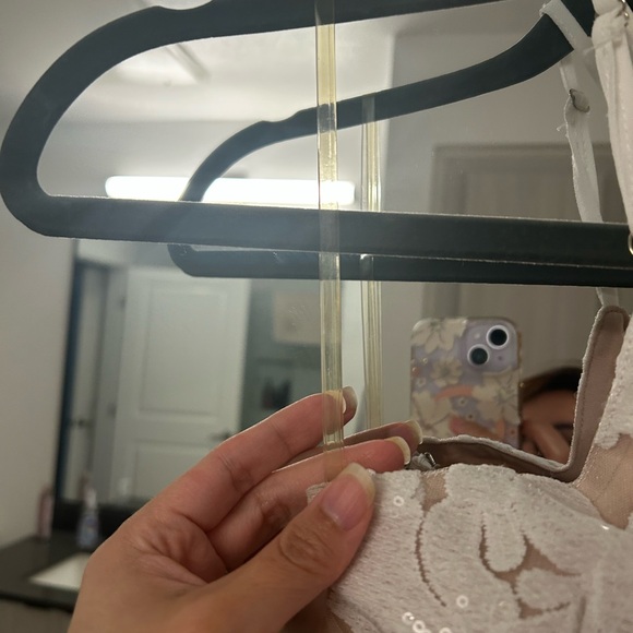 L'ATISTE White Lace Overlay Mini Dress with Nude Lining - Picture 11 of 16